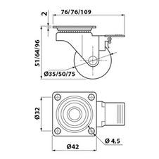 Kolečko nábytkové BRAZYLIA 50, výška 64 mm, průměr 50 mm, s brzdou, PC/PU, černé - 7261427_01.jpg