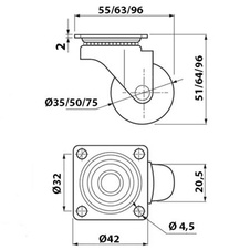 Kolečko nábytkové BRAZYLIA 75, výška 96 mm, průměr 75 mm, bez brzdy, PC/PU, černé - 7261428_01.jpg