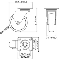 Kolečko nábytkové CALIBRO, výška 64 mm, průměr 50 mm, bez brzdy, plast + kov, černé - 7261438_03.jpg