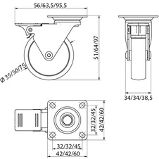 Kolečko nábytkové CALIBRO, výška 64 mm, průměr 50 mm, s brzdou, plast + kov, černé - 7261439_03.jpg