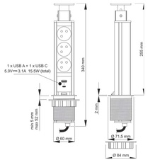 Zásuvková věž výsuvná, 3 zásuvky 1x USB A 1x USB C  stříbrná - 950828_01.jpg
